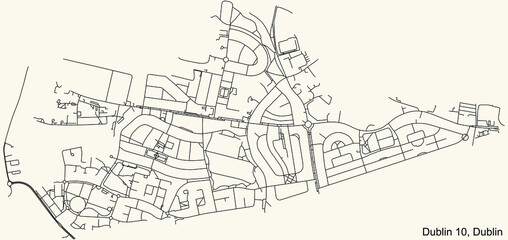 Black simple detailed street roads map on vintage beige background of the quarter Postal district 10 (D10) of Dublin, Ireland