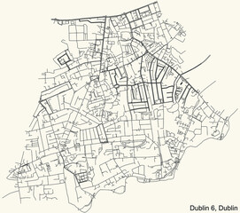 Fototapeta na wymiar Black simple detailed street roads map on vintage beige background of the quarter Postal district 6 (D6) of Dublin, Ireland