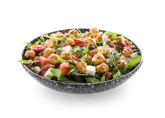 Plate with tasty popcorn salad on white background