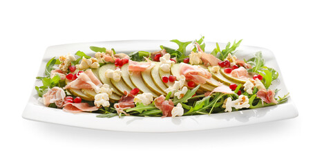 Plate with tasty popcorn salad on white background