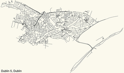 Black simple detailed street roads map on vintage beige background of the quarter Postal district 5 (D5) of Dublin, Ireland