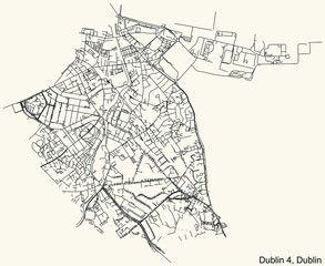 Black simple detailed street roads map on vintage beige background of the quarter Postal district 4 (D4) of Dublin, Ireland