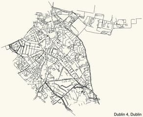 Obraz premium Black simple detailed street roads map on vintage beige background of the quarter Postal district 4 (D4) of Dublin, Ireland