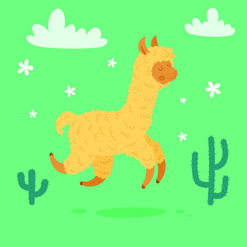 Happy llama running in the wild. Animal character design. Children's poster. Nursery wall art. Vector illustration