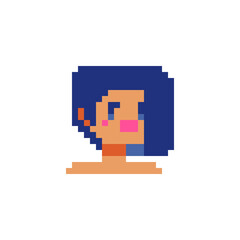 Obraz premium Pixel art girl character. Flat style. Female avatar profile picture. Knitting design. 8-bit. Isolated vector illustration. 