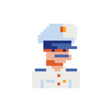 Navy captain character, skipper. Avatar, portrait, profile picture.  Pixel art. Captain of cruise liner in uniform. Military man. Chief on ship. Game assets. 8-bit. Isolated vector illustration.