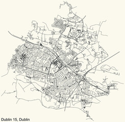 Black simple detailed street roads map on vintage beige background of the quarter Postal district 15 (D15) of Dublin, Ireland