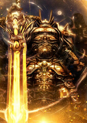 A walking iron tank knight in thick gold plate armor with a huge magic sword instead of a shield, he stands unshakably conjuring a magical light barrier, ready to protect his allies from enemies. 2d 