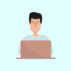 A smart guy with glasses is working at a computer. The symbol of an engineer, programmer, student. Work at home, freelance, work on a laptop. Simple vector flat illustration