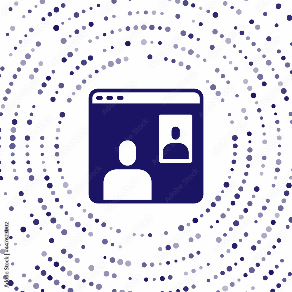 Poster Blue Video chat conference icon isolated on white background. Computer with video chat interface active session on screen. Abstract circle random dots. Vector