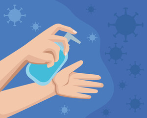 Hands washing with sanitizer bottle