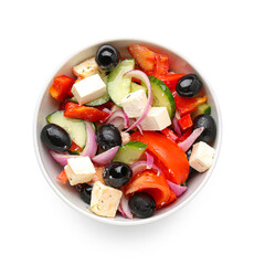 Bowl with tasty Greek salad on white background