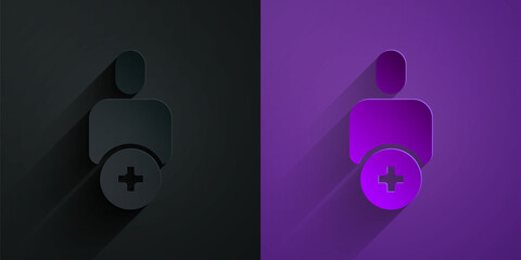 Paper cut Add to friend icon isolated on black on purple background. Paper art style. Vector