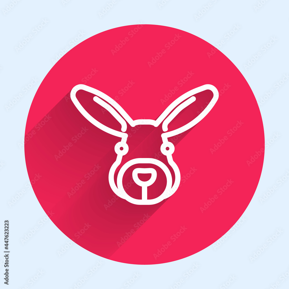 Poster white line rabbit head icon isolated with long shadow. red circle button. vector