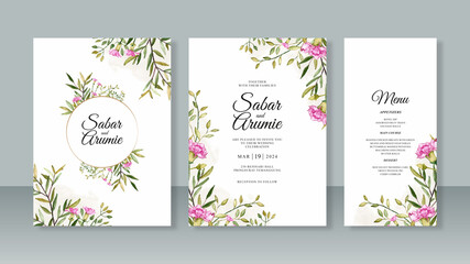 Fototapeta na wymiar Set of beautiful wedding invitation templates with watercolor leaves and flowers