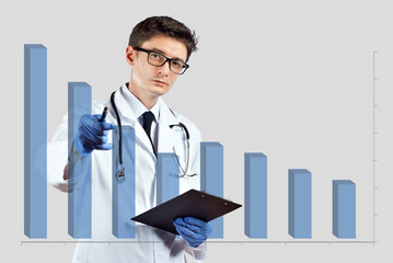 The doctor looks at the descending chart. The concept of reducing morbidity, vaccination and...