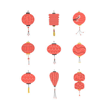 Set of different red chinese lanterns isolated on white background. Traditional hanging decoration. Cartoon flat style. Vector illustration.