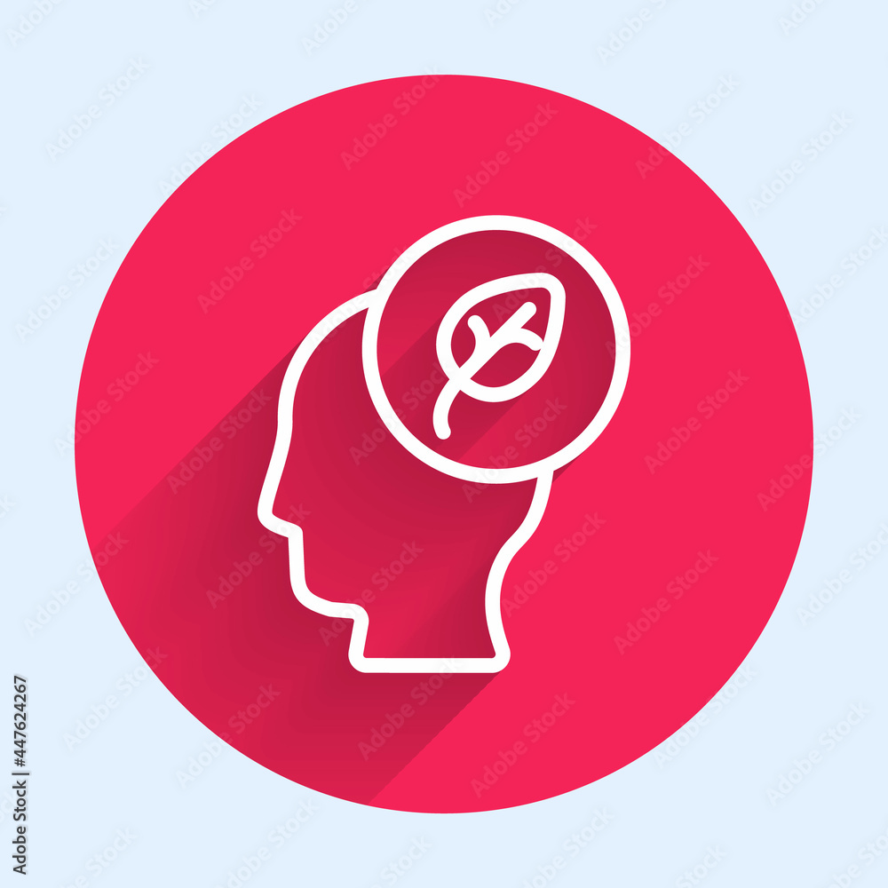 Poster white line human head with leaf inside icon isolated white line background. red circle button. vecto