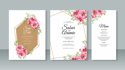 Wedding card invitation set template with geometric border and watercolor flowers
