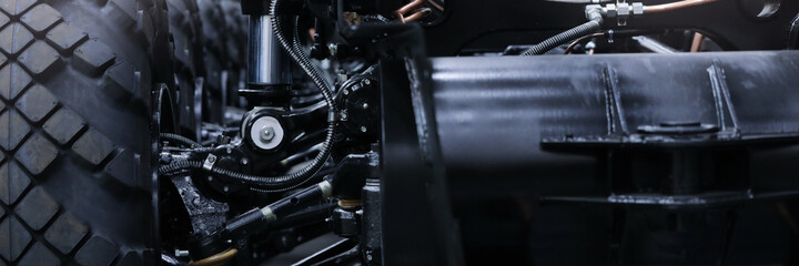 Closeup of heavy truck chassis at factory