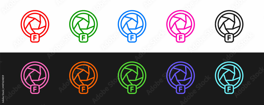 Poster Set line Camera shutter icon isolated on black and white background. Vector