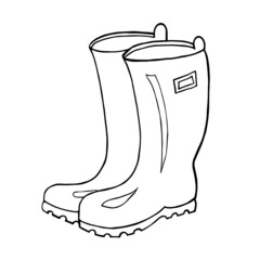 Illustration with autumn rubber boots. Line drawing, vector graphics. Black and white picture for coloring.