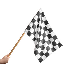 Hand with racing flag on white background
