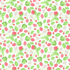 Seamless pattern strawberry watercolor. Wild berries print, red berries background. For digital paper, fabric, scrapbooking.