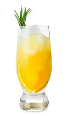 Glass of tasty orange cocktail with rosemary on white background
