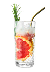 Glass of tasty grapefruit cocktail with rosemary on white background