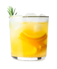 Glass of tasty orange cocktail with rosemary on white background