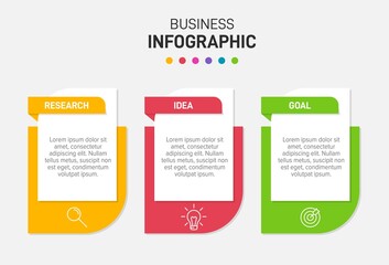 Concept of arrow business model with 3 successive steps. Three colorful graphic elements. Timeline design for brochure, presentation. Infographic design layout.