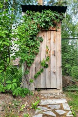 Wooden outdoor toilet overgrown with ivy.