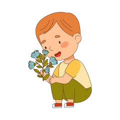 Cute Redhead Boy Holding Flower Smelling Aroma and Fragrance Vector Illustration