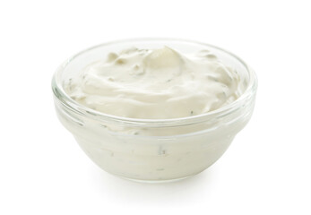 Glass bowl with tasty tartare sauce on white background