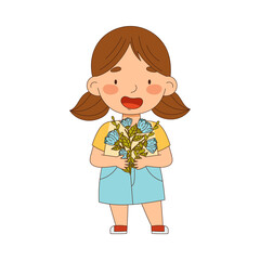 Preschool Girl with Ponytail Holding Flower Bouquet and Smiling Vector Illustration