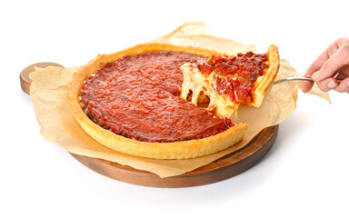 Woman taking piece of tasty Chicago-style pizza on white background