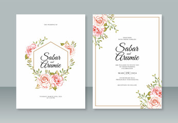 Geometric border and floral watercolor painting for wedding invitation template