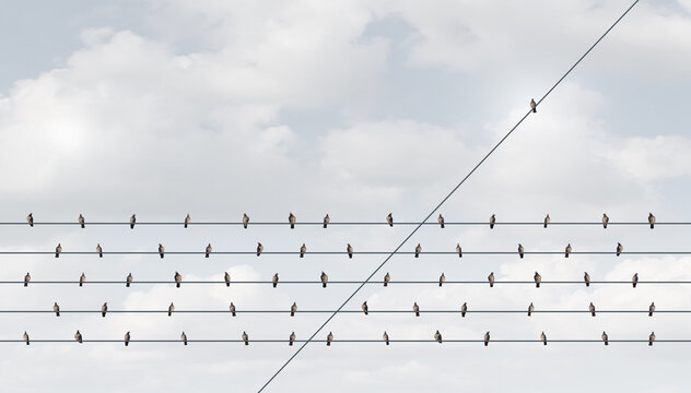 Individual leadership concept and disruptive innovation or independent thinking as a group of birds on a wire with one in the opposite direction as a business symbol