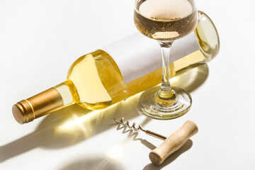 Bottle of exquisite wine, corkscrew and glass on light background
