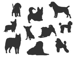 Set vector of the dog, The shadow of different poses isolated on white background.