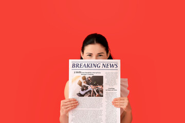 Beautiful woman with newspaper on color background - obrazy, fototapety, plakaty