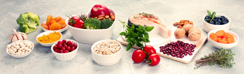 Best products for heart on dark gray background. Clean eating concept.