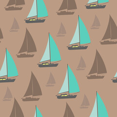 Ships on the waves in the sea seamless pattern. Light pastel background with sailing boats. Print on wallpaper and fabric.