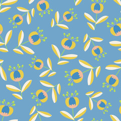 Baby blue with whimsical, simple simple flowers seamless pattern background design.