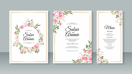 Fototapeta na wymiar Wedding invitation set template with hand painting watercolor floral