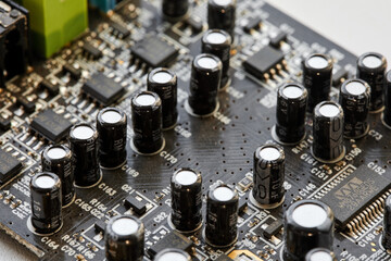A part of Internal analog sound card. Computer equipment. Close-up, selective focus