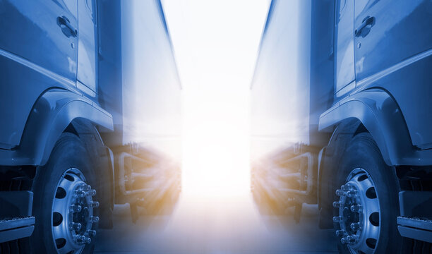 Cargo Trucks The Parking lot at The Sunset. Delivery Container Trucks. Cargo Shipping. Lorry. Industry Freight Truck Logistics Cargo Transport Concept.	