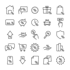 Set of discount icons. Group of sale outline pictograms for web. Line stroke. Isolated on white background. Vector eps10