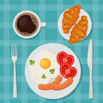 Delicious breakfast: fried eggs, coffee and croissants. View from above. Vector illustration in flat cartoon style.